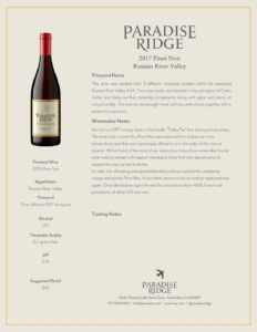 2017 Paradise Ridge Pinot Noir Tech Sheet