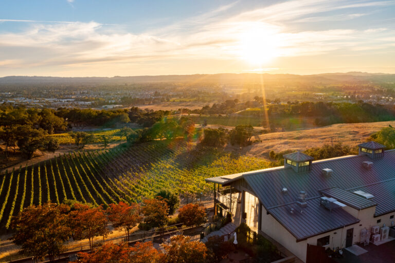 Paradise Ridge Winery view of the building and the sunset